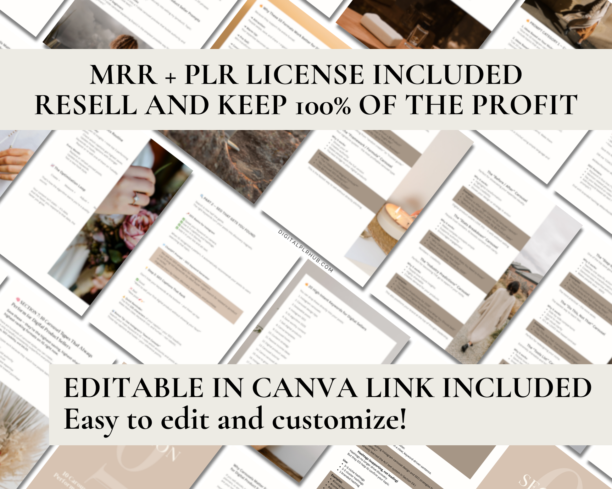 Editable Canva carousel marketing guide with PLR and MRR license included. Perfect for reselling, bundling, or training VAs.