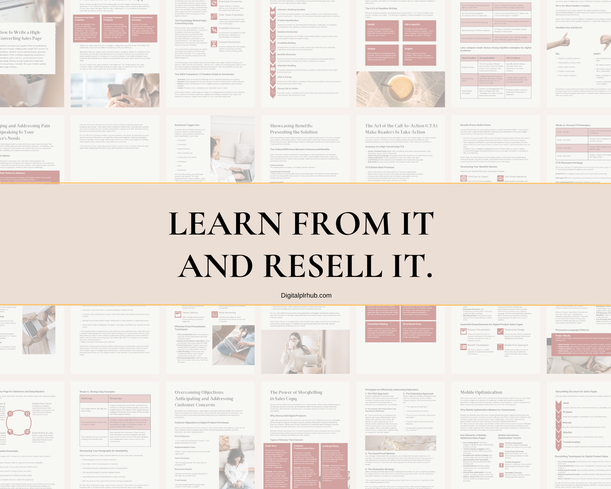 Editable Canva eBook for writing high-converting sales pages. Includes 42 pages of copywriting frameworks, sales psychology tips, and fill-in-the-blank templates for creators.