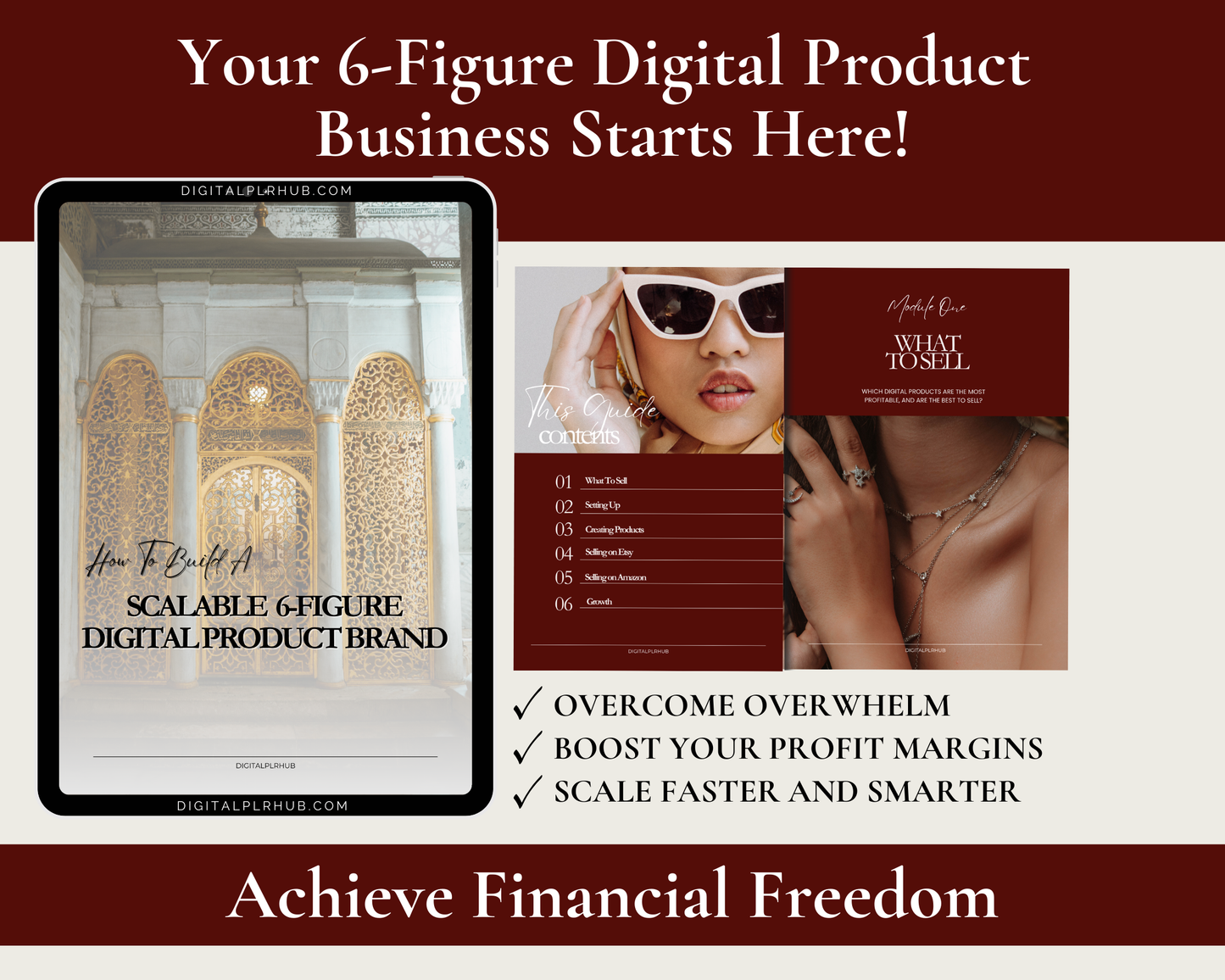 Mockup of a digital product guide titled "How to Build a Scalable 6-Figure Digital Product Brand" with modules and planner for mom entrepreneurs