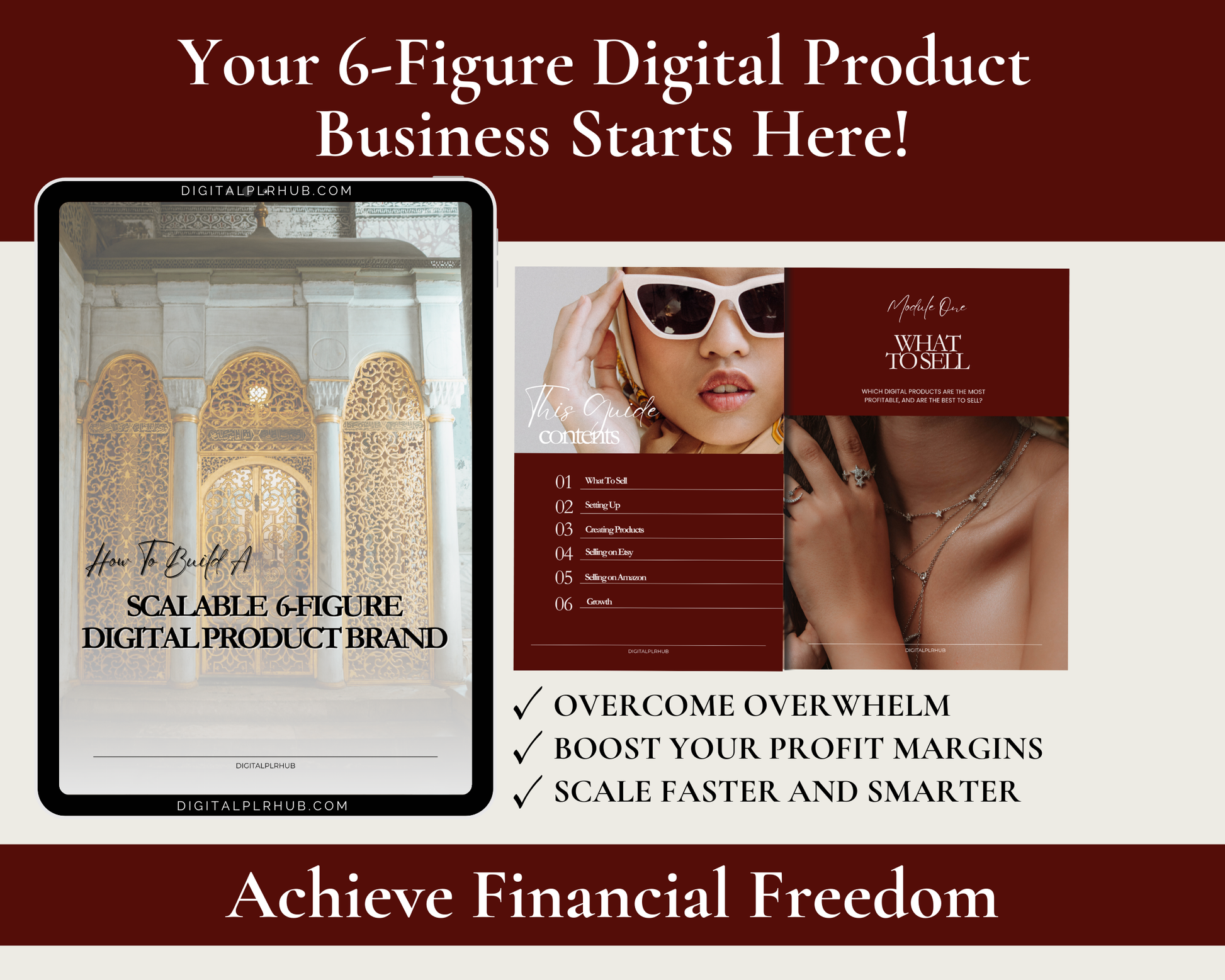 Mockup of a digital product guide titled "How to Build a Scalable 6-Figure Digital Product Brand" with modules and planner for mom entrepreneurs