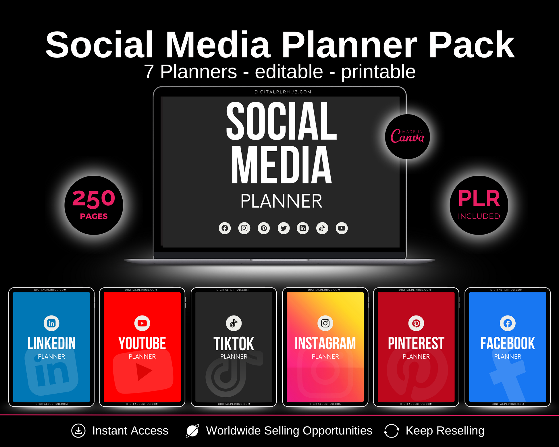 Social Media Planner Pack mockup showing 7 editable Canva planners for Instagram, TikTok, YouTube, Facebook, LinkedIn, Pinterest. Includes 250 pages, printable templates, PLR license, and instant access.