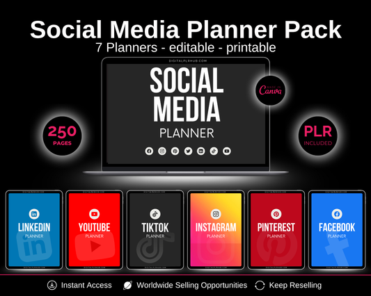 Social Media Planner Pack mockup showing 7 editable Canva planners for Instagram, TikTok, YouTube, Facebook, LinkedIn, Pinterest. Includes 250 pages, printable templates, PLR license, and instant access.