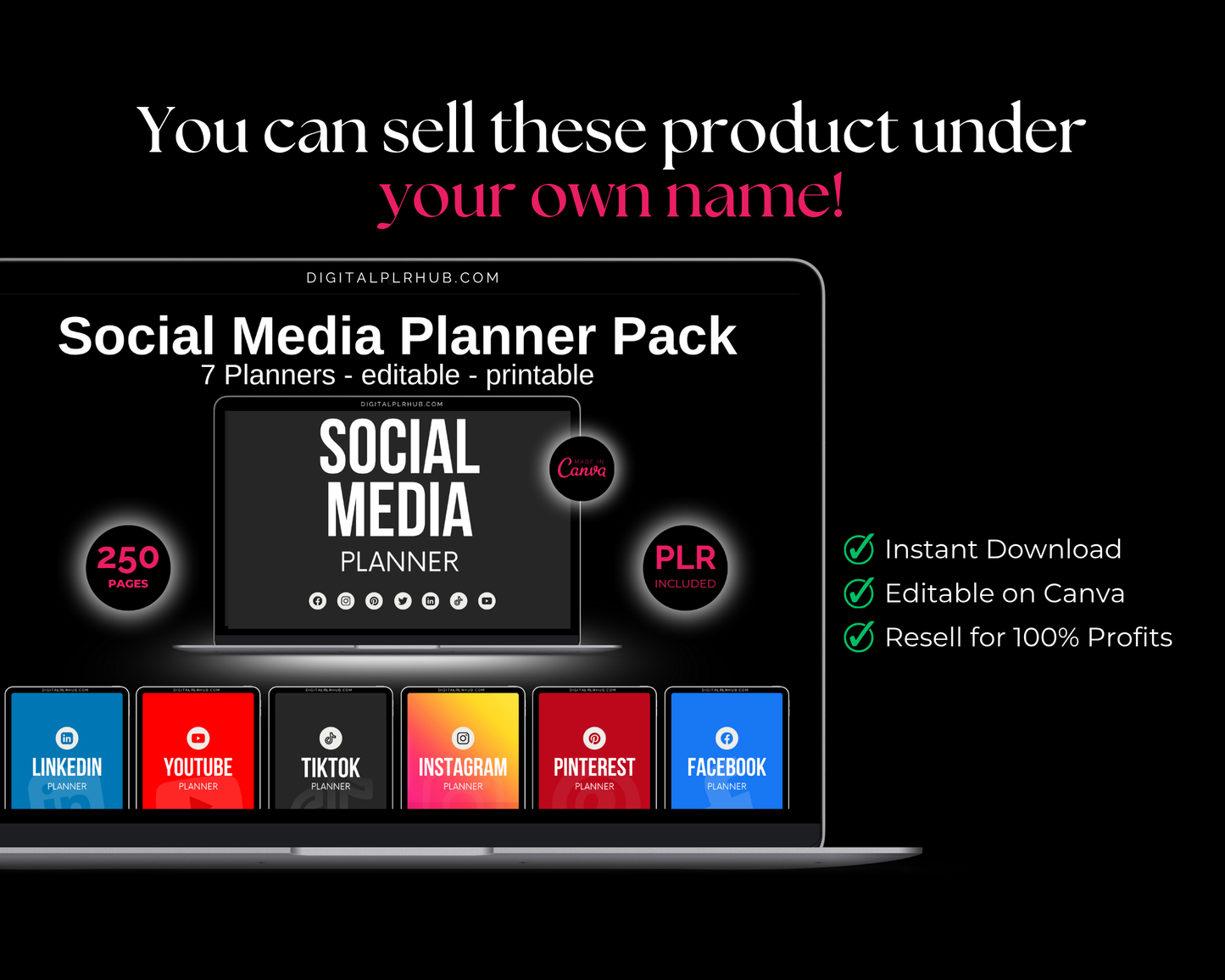 Social Media Planner Pack mockup showing 7 Canva-editable planners for Instagram, TikTok, YouTube, Pinterest, Facebook, LinkedIn. Includes 250 pages, PLR license, instant download, and resale rights.