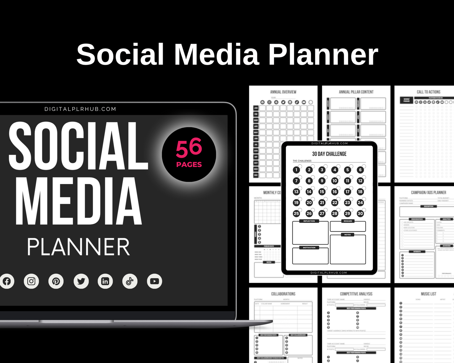 Social media strategy planner mockup with 56 editable Canva pages including monthly calendar, 30-day challenge tracker, annual content overview, content pillars, collaboration planner, campaign ads sheet, and competitive analysis. Built for business owners and creators managing multiple platforms.