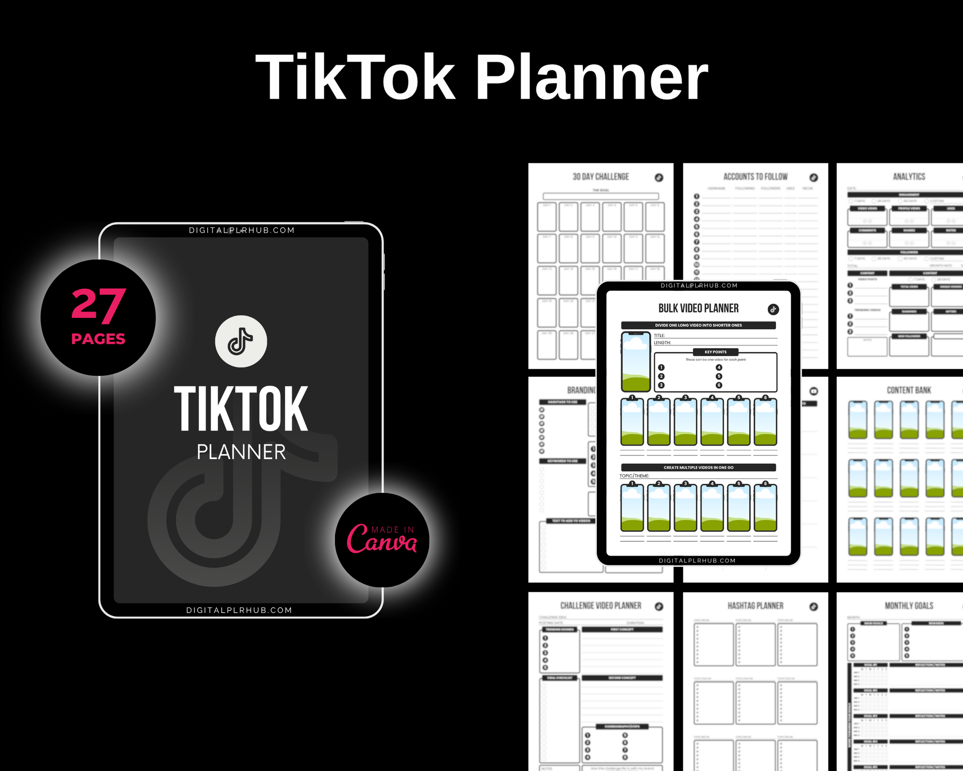 TikTok content planner mockup showing 27 editable Canva pages including video script planner, analytics tracker, hashtag clusters, content bank, and monthly goals. Ideal for creators and social media managers.