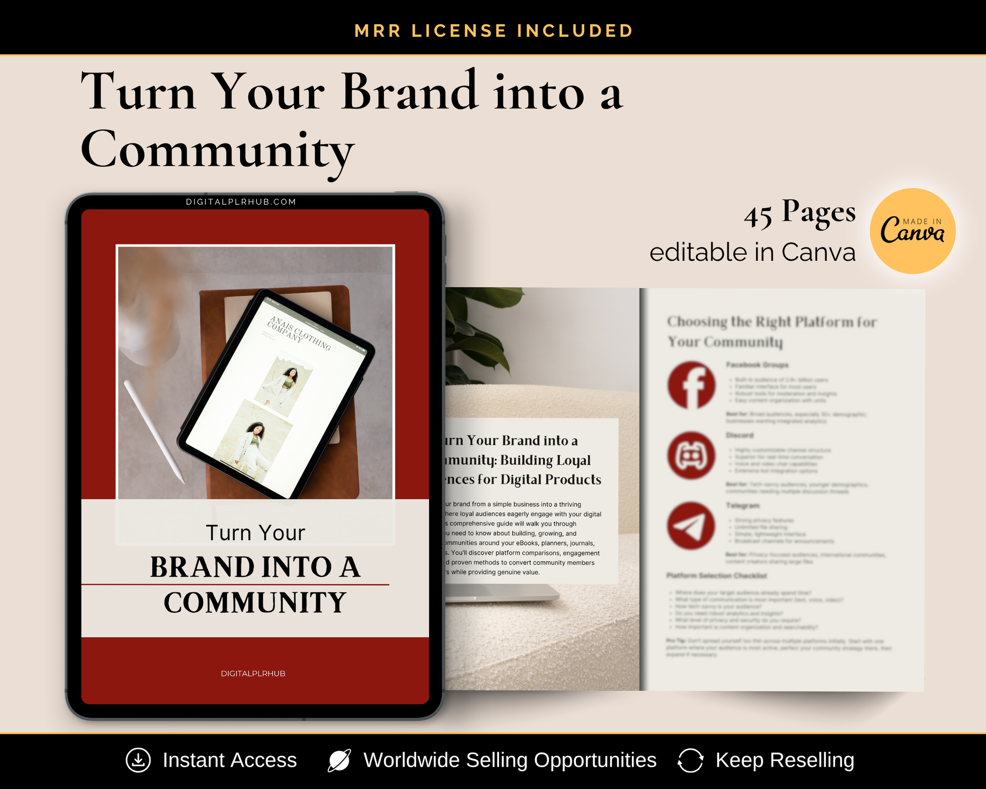 Turn Your Brand Into a Community eBook with 45 pages and MRR license included — editable in Canva for digital product sellers