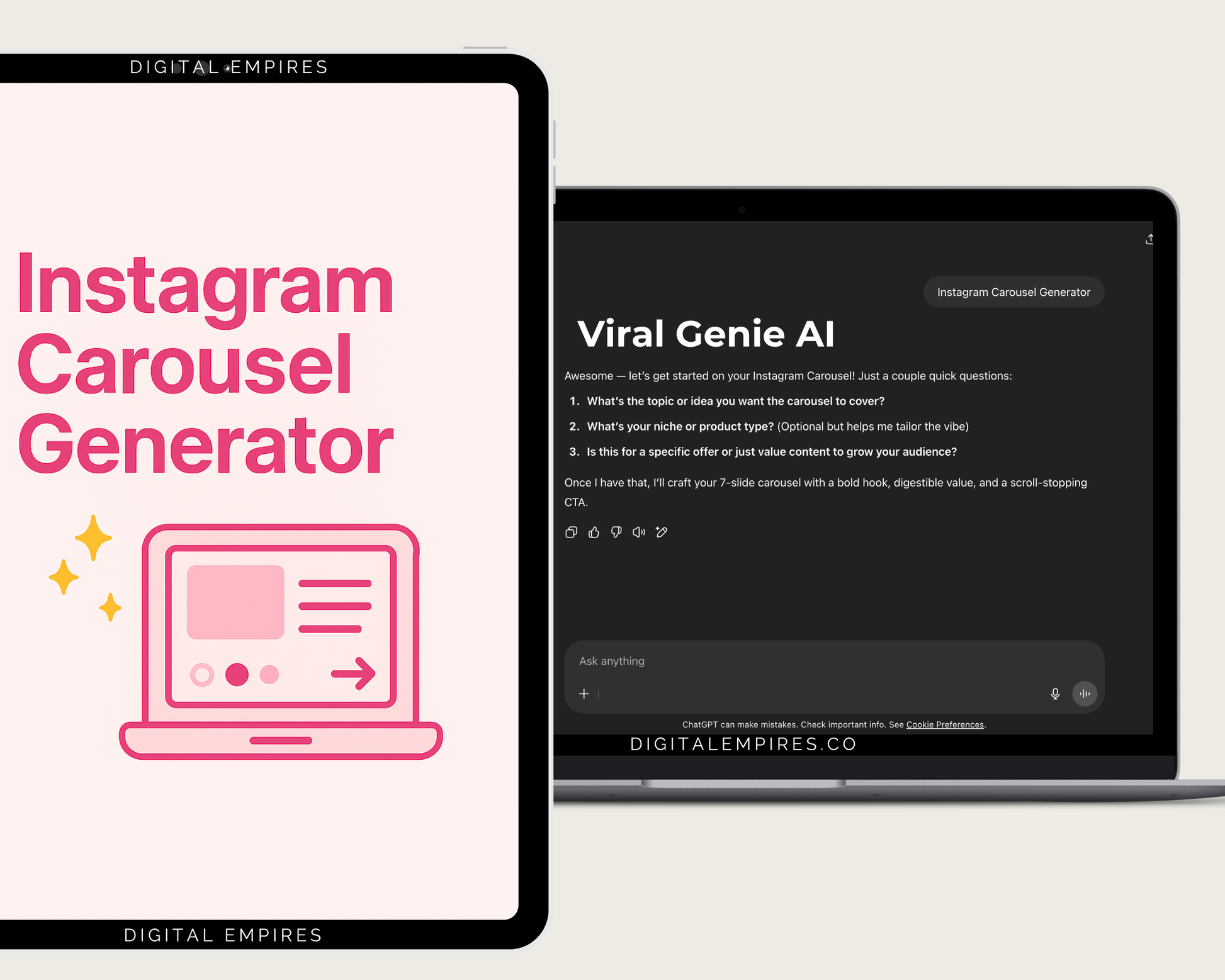 Viral Genie AI showing 3 script modes: talking-head, faceless video, and Instagram carousel generator. Create viral content with a resellable AI bot.
