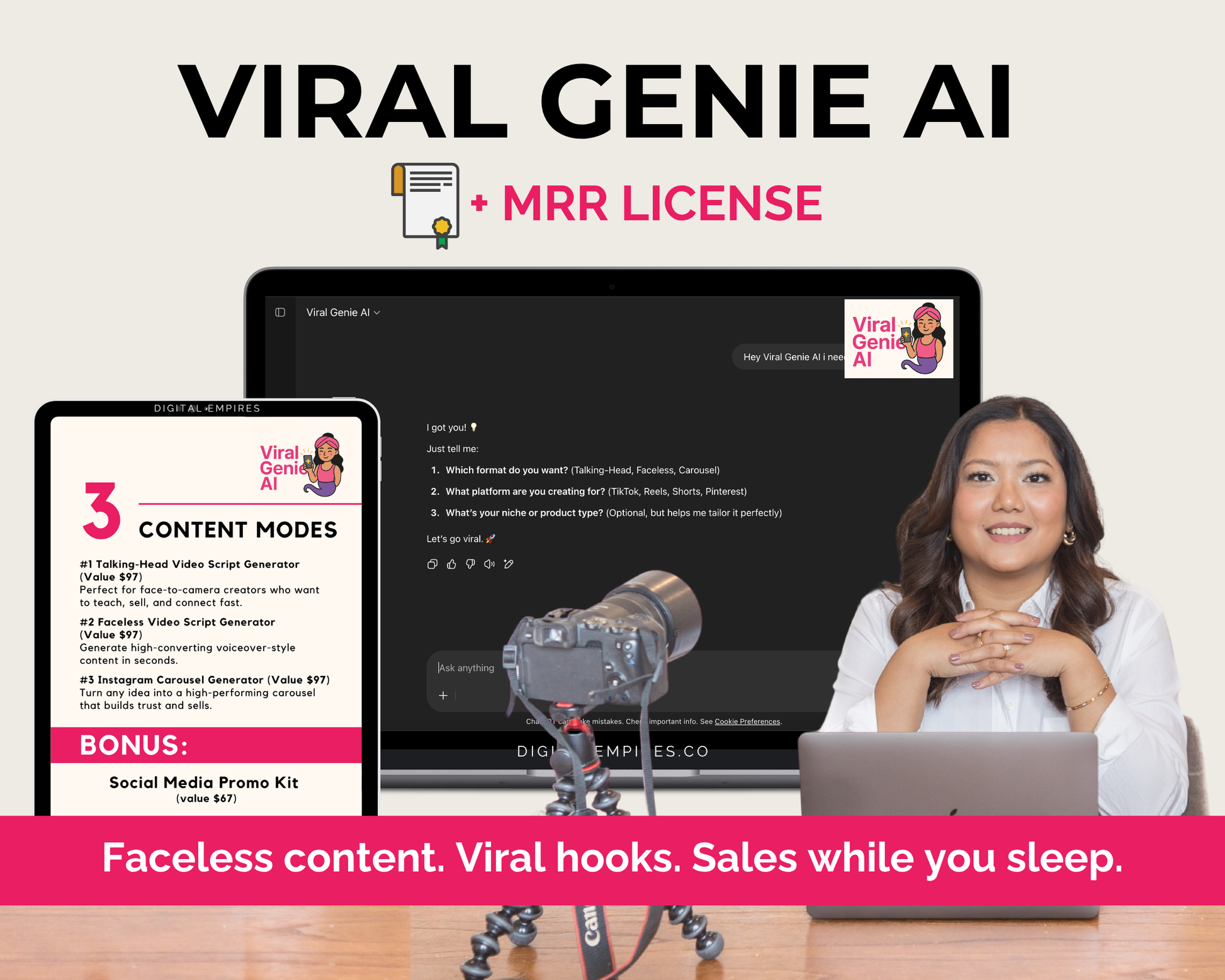 Viral Genie AI mockup with MRR license for selling your own ChatGPT scriptwriter. Includes faceless video scripts, carousel generator, and resale rights.