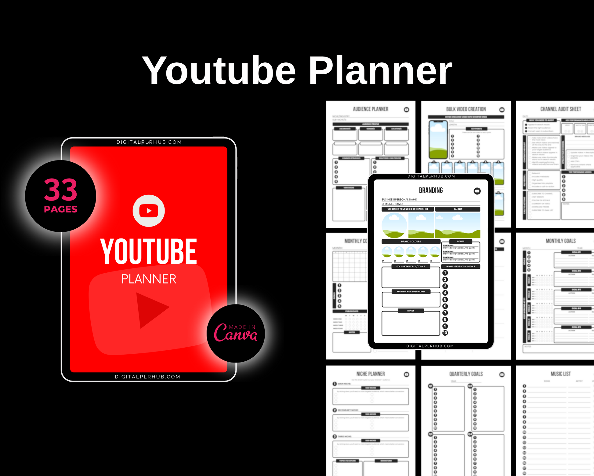 YouTube content planner mockup with 33 editable Canva pages including video creation sheets, branding templates, channel audit tracker, content calendar, niche planner, and analytics tracking. Designed for creators, educators, and vloggers.